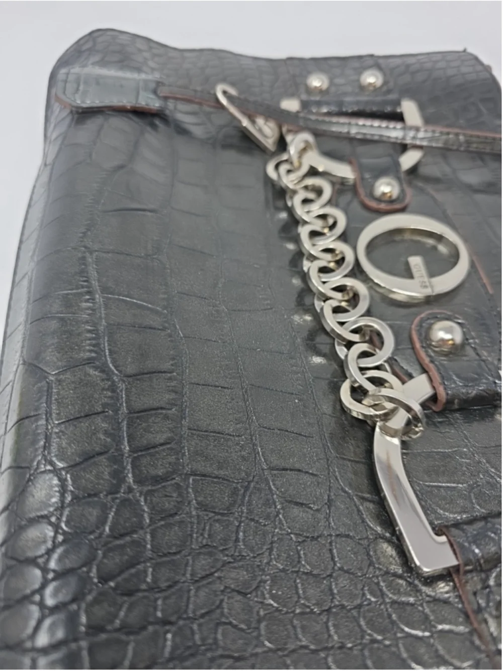 GUESS Y2K Vtg Black Croc Embossed Gunmetal Grey Bag Large Logo Designer Purse